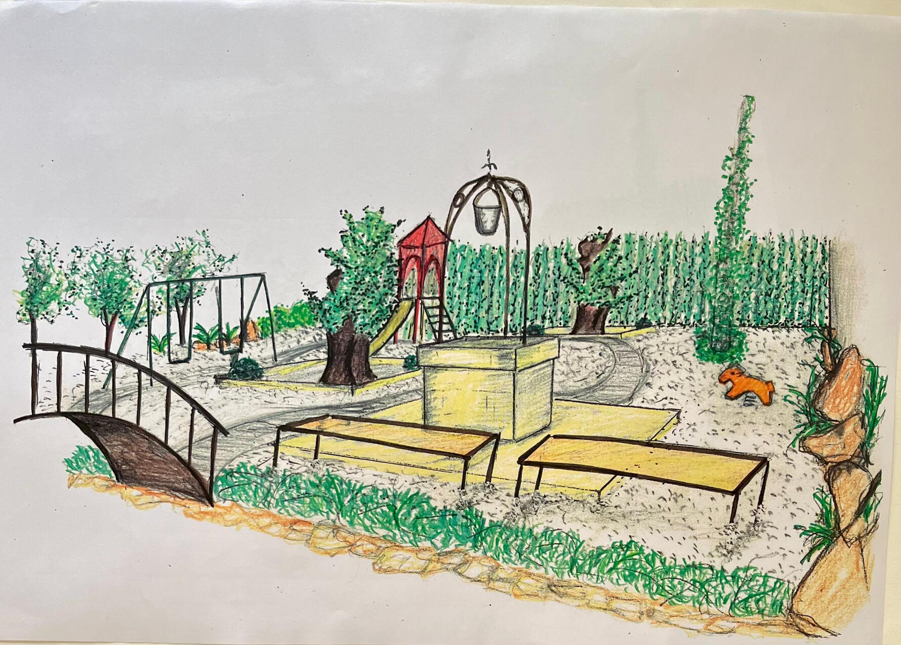 Untitled Progetto di architettura del paesaggio a colori per un giardino mediterraneo con area giochi ecologica per bambini. Hand-colored landscape design concept of a sustainable Mediterranean family garden with an integrated playground, by Studio 183.