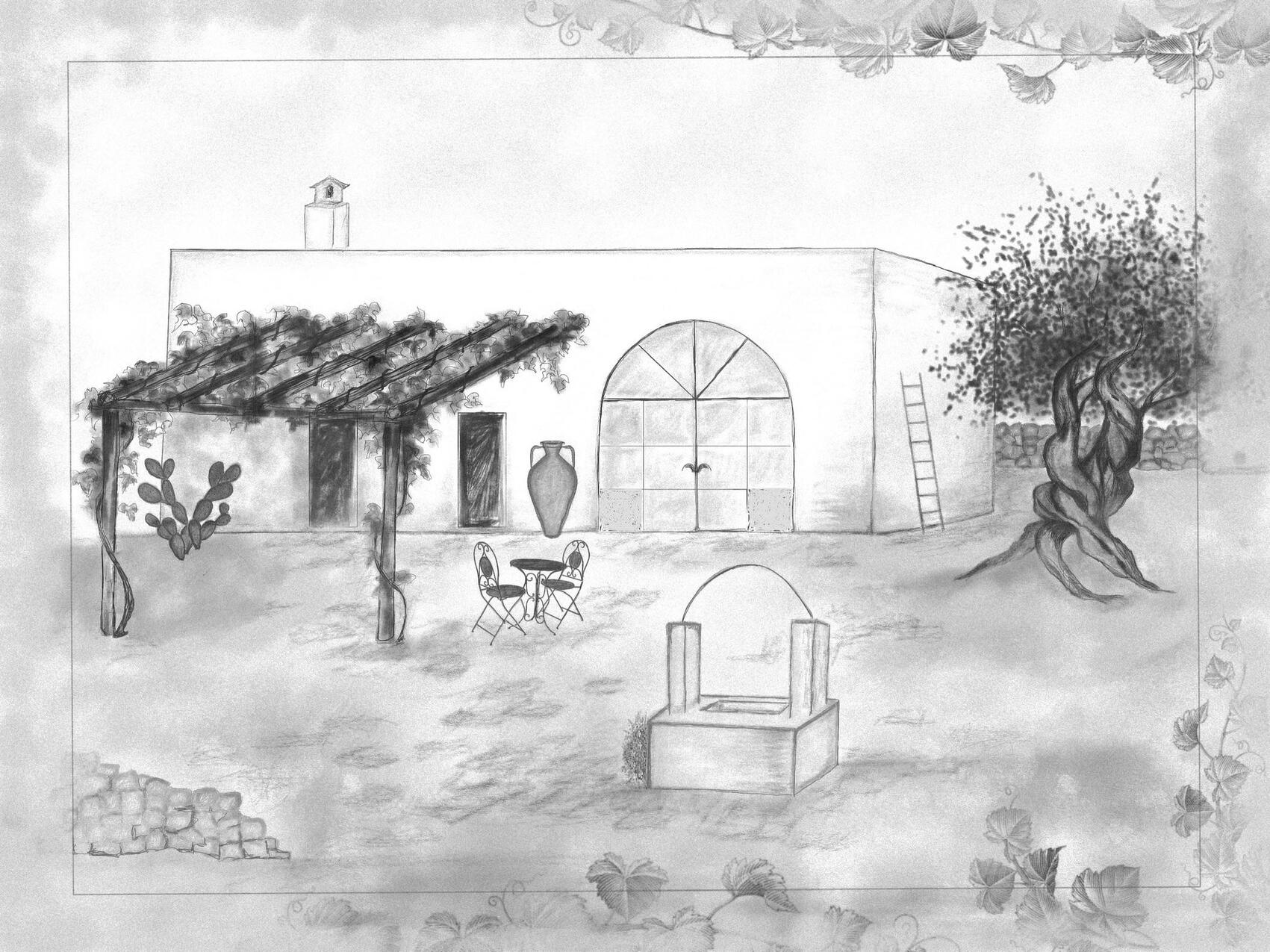 Untitled Disegno architettonico a matita in bianco e nero per il recupero conservativo di una masseria storica pugliese. Hand-drawn architectural sketch of a traditional historic masseria restoration concept in Puglia, by Studio 183.
