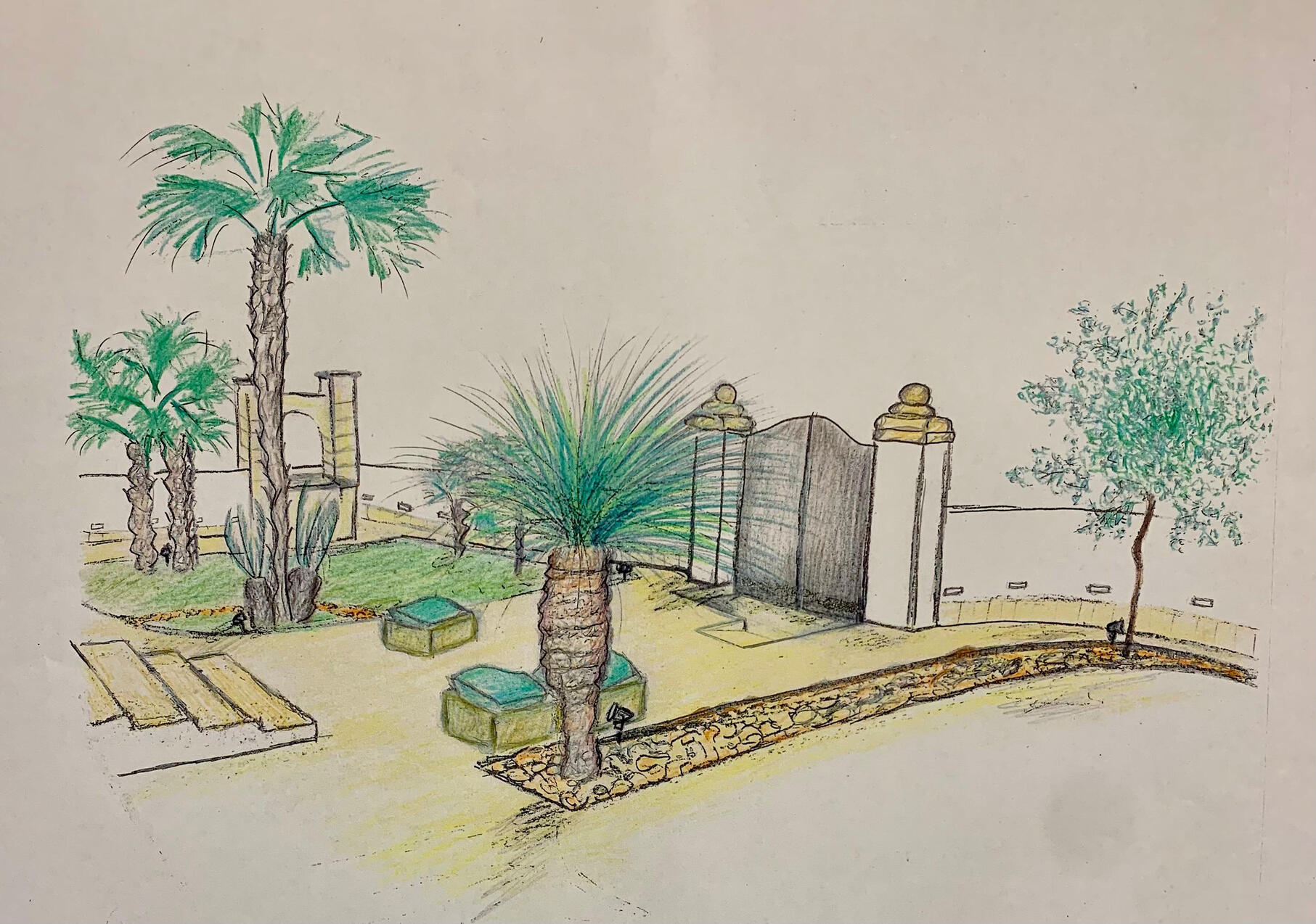 Untitled Progetto di architettura del paesaggio per l'ingresso di una villa salentina con palme, ulivi e muretti a secco. Landscape design concept for a Mediterranean villa entrance featuring palm trees, traditional stone walls, and native greenery, by Studio 183.