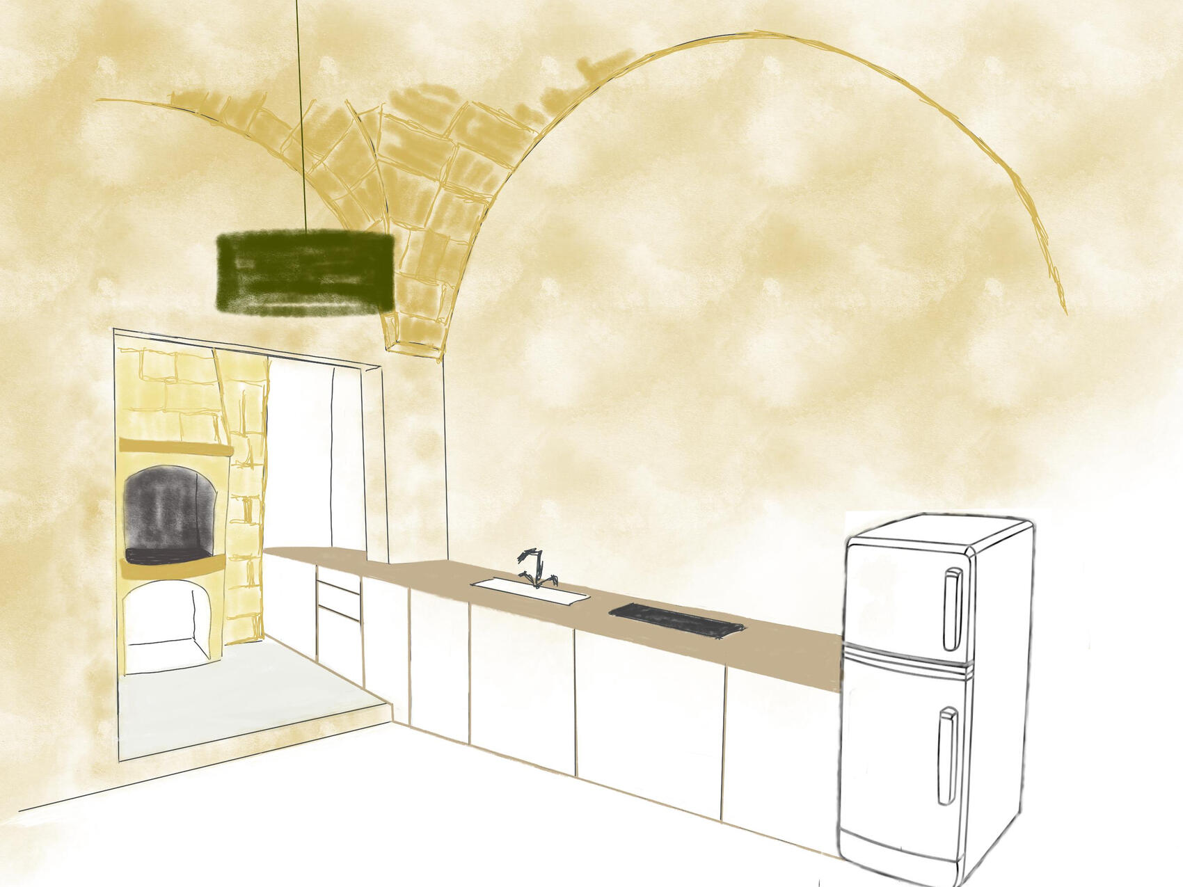 Untitled Disegno d'interni fatto a mano di una cucina moderna in una masseria pugliese con volte in pietra calcarea. Hand-drawn interior design concept of a modern Mediterranean kitchen with traditional stone vaults, by Studio 183.
