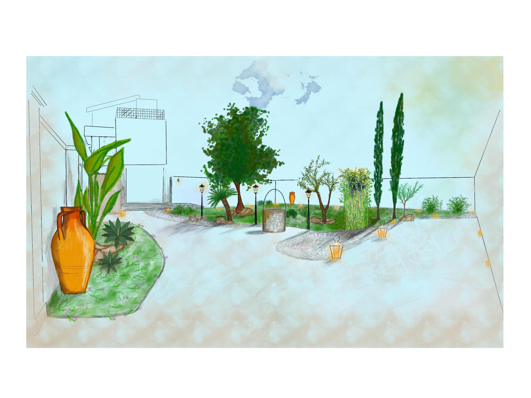 Untitled Disegno prospettico a colori di un giardino salentino con antico pozzo in pietra, piante autoctone e grandi orci in terracotta. Perspective colored sketch of a Mediterranean courtyard featuring a traditional stone well and terracotta vases, by Studio 183.